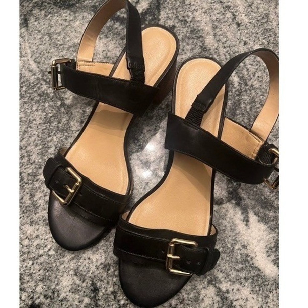 Talbots Block Heel Sandals Women 7.5 Black Good Leather Gold Buckle Brazil